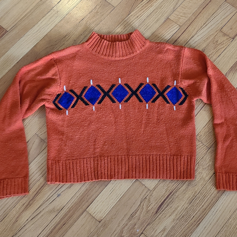 Kiss Orange and Blue Geometric Turtleneck Sweater